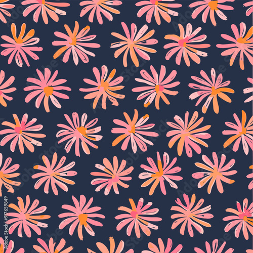 Seamless pattern of pink and orange flowers on a dark blue background This graphic design element is perfect for adding a touch of whimsy and color to any project