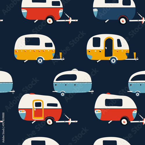 A colorful and cheerful seamless pattern featuring various caravan designs in a repeating pattern on a dark blue background perfect for adding a touch of retro travel to your projects