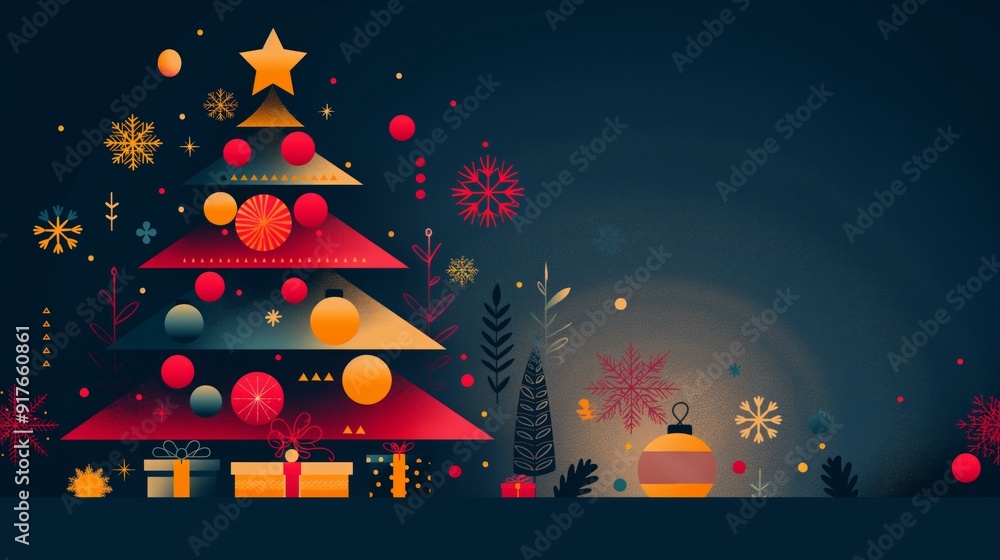 Abstract colorful christmas tree with several tiers and a star on top on a black background. Christmas mood card Abstract colorful christmas tree with several tiers and a star on top on a black background. Christmas mood card