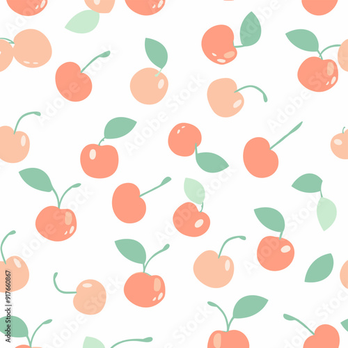 Seamless pattern with pastel pink and orange cherries on a white background Perfect for summery designs and projects