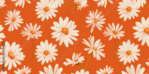 A seamless pattern of white daisies on a bright orange background This vibrant pattern is perfect for textiles wallpaper and other design projects