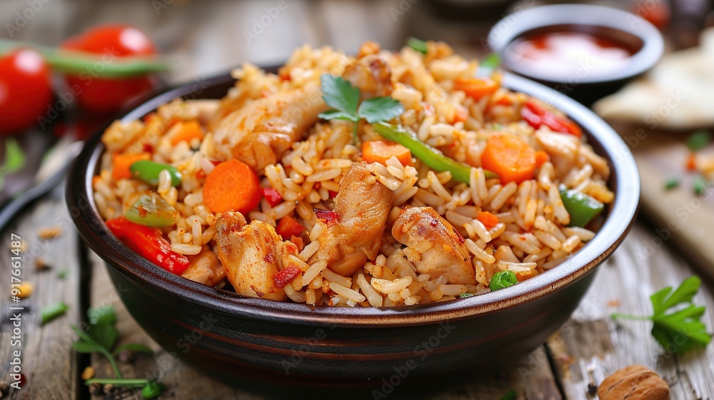 Kabsa of chicken with rice and vegetables . Generative Ai Kabsa of chicken with rice and vegetables . Generative Ai
