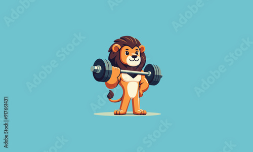 character lion holding dumbbell vector mascot design
