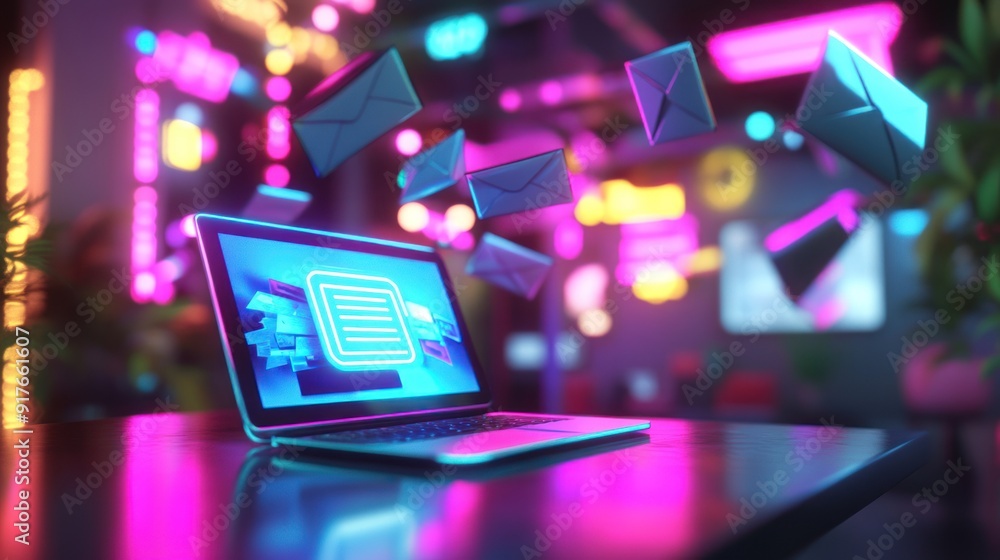 Fototapeta premium Laptop with glowing neon emails