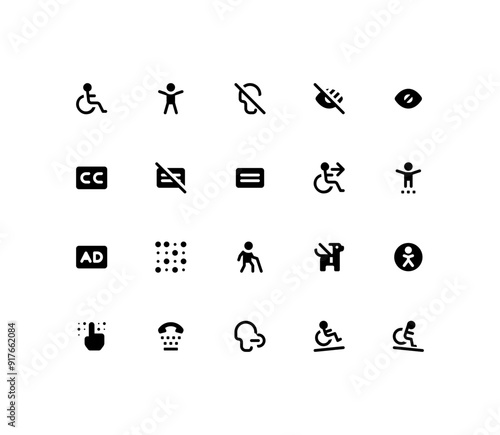 Accessibility icon set in line style vector. Wheelchair, people, closed caption, blind people, braille, subtitle illustration vector. Simple disability outline vector icons. Pixel perfect icon pack.