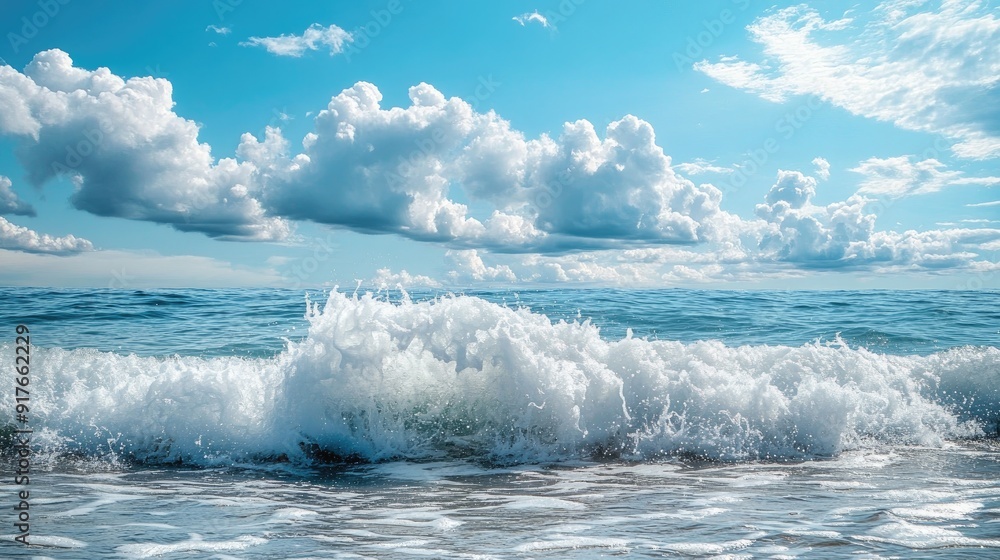Fototapeta premium Powerful foamy sea waves rolling and splashing over water surface against cloudy blue sky