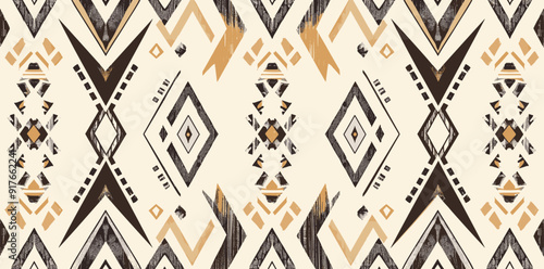 Seamless geometric pattern with abstract shapes and textures in black gold and white