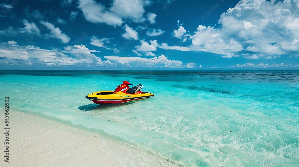 Red and yellow jetski on caribbean sea saturated color Red and yellow jetski on caribbean sea saturated color