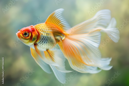 A single goldfish with a long flowing tail swims through clear water against a blurred green background.