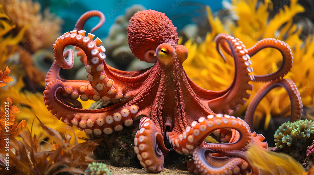 Red Octopus Roaming Around Corals Red Octopus Roaming Around Corals