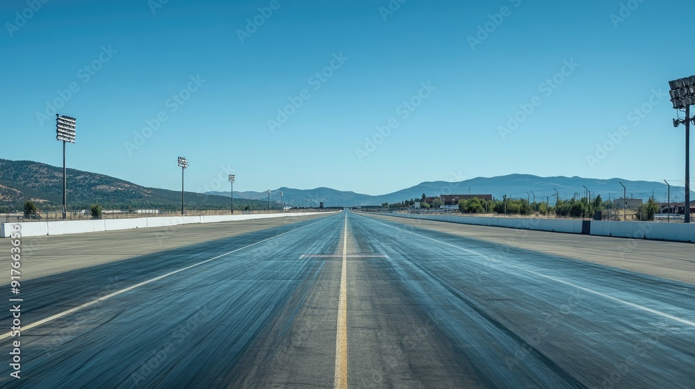 Naklejka premium A deserted drag strip, perfectly straight and long, waiting for the next race. No people present