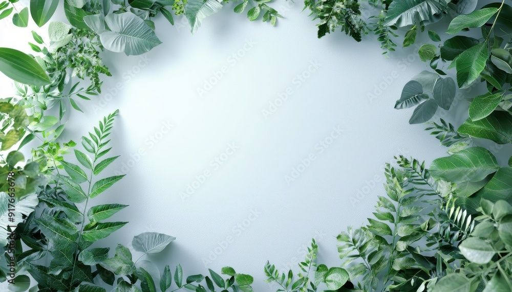 A lush arrangement of green leaves creating a natural frame against a light background, perfect for showcasing text or images.