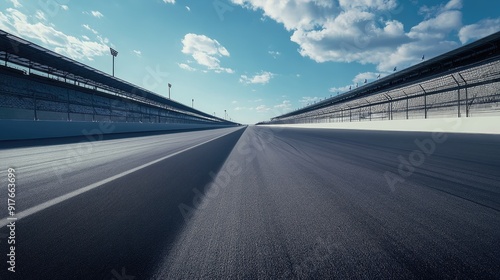 A panoramic shot of a long, empty straightaway on a racetrack, disappearing into the distance