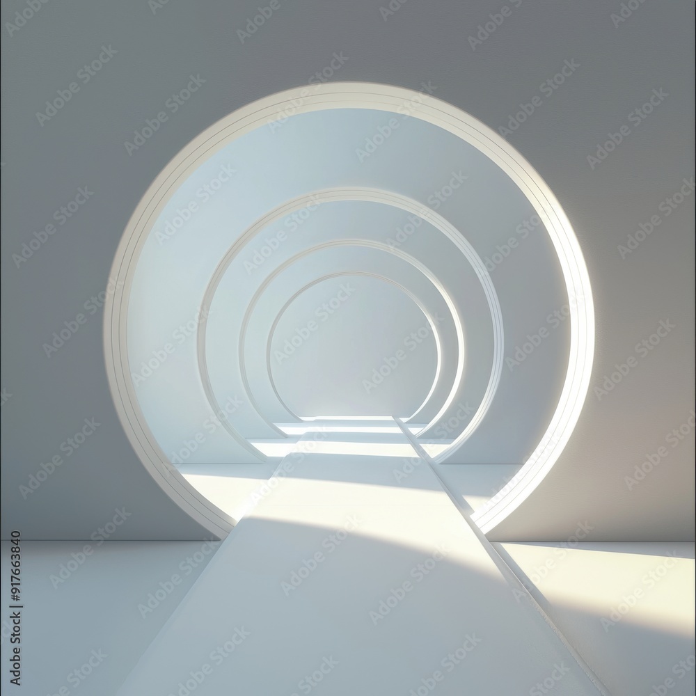 Obraz premium A modern, minimalistic tunnel with circular arches and soft lighting, creating a serene and spacious atmosphere.