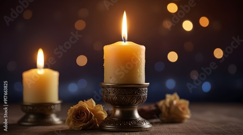 Two candles on blurred early night background, shabbat.generative.ai