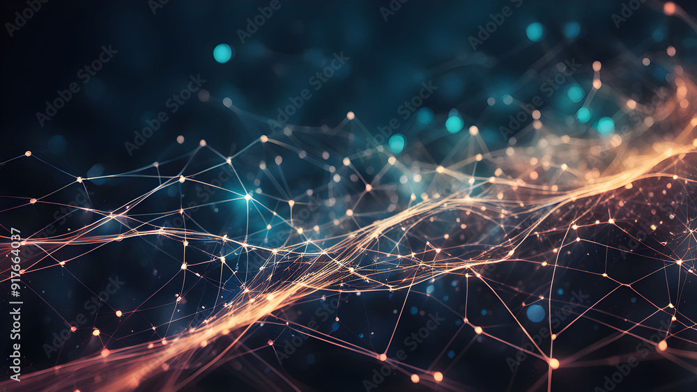 Fototapeta premium An abstract illustration showcasing interconnected nodes and glowing lines, symbolizing data transmission and neural network structures in technology.