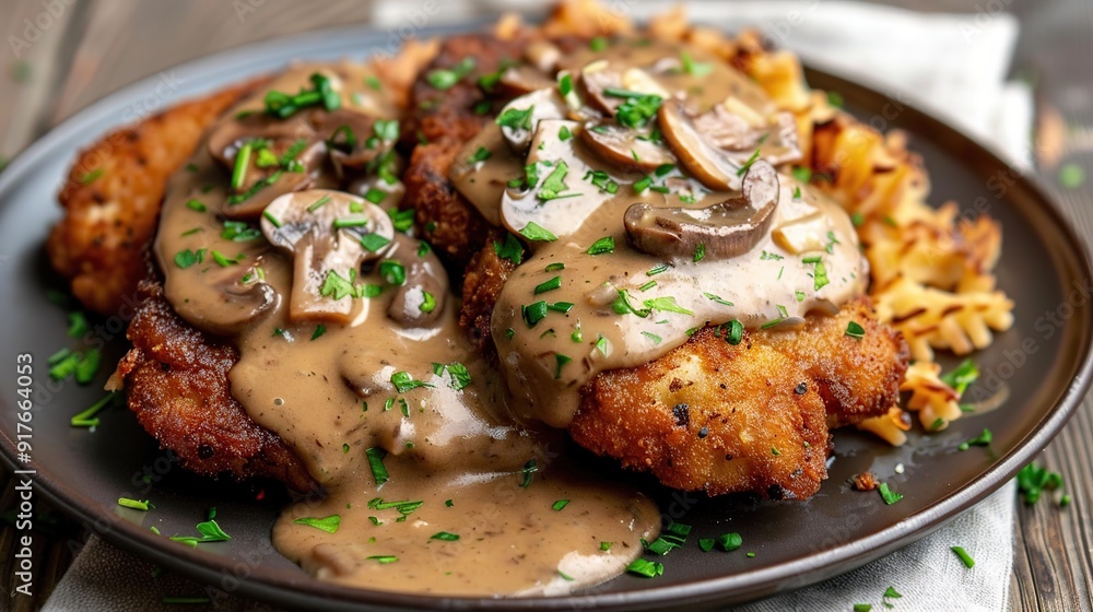 Plate of traditional schnitzel with mushroom sauce. Generative Ai Plate of traditional schnitzel with mushroom sauce. Generative Ai
