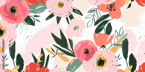 A seamless pattern featuring vibrant pink red and orange flowers with green leaves painted in a loose and abstract style The background is white with hints of pale pink and beige