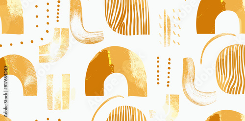 Seamless pattern of abstract shapes in gold on white background ideal for textile design wallpaper and branding
