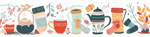 A collection of colorful hand-drawn illustrations featuring teacups teapots and cozy socks perfect for a wintery or autumnal theme