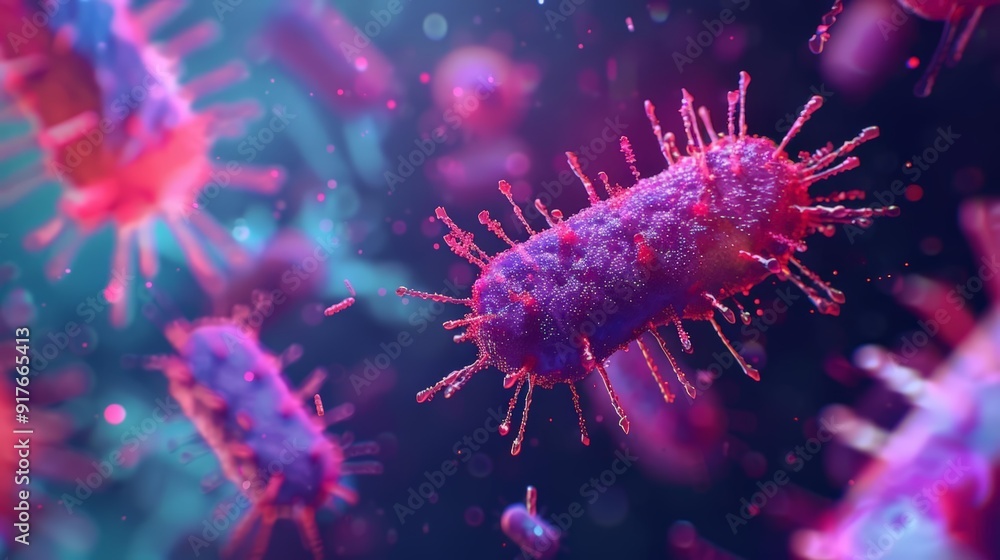 Artistic visualization of microbes being eradicated by sanitation methods, illuminated by holographic effects, white and bright colors, cyberpunk style, 3D render. Artistic visualization of microbes being eradicated by sanitation methods, illuminated by holographic effects, white and bright colors, cyberpunk style, 3D render.