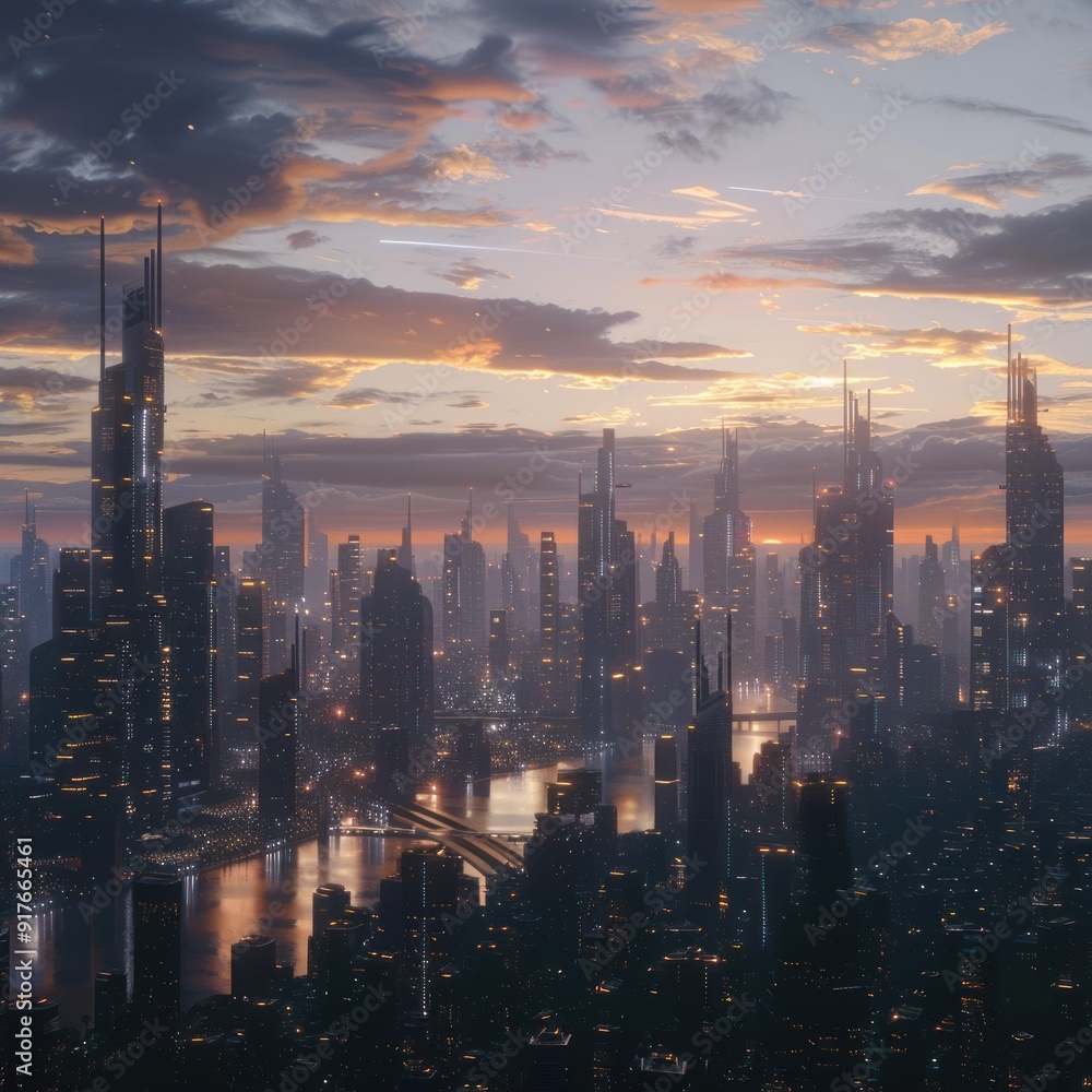 Fototapeta premium Futuristic Cityscape at Sunset