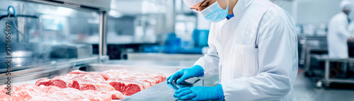 A food handler in a hygienic environment prepares fresh meat. Safety practices are evident with gloves and masks in use. photo