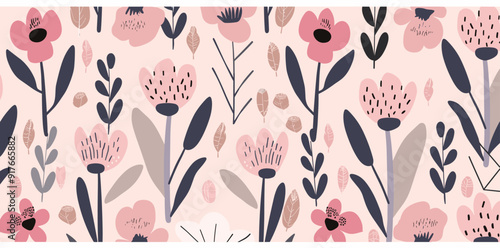 A seamless pattern featuring pink and white flowers and leaves on a pale pink background This vibrant design is perfect for adding a touch of spring to any project