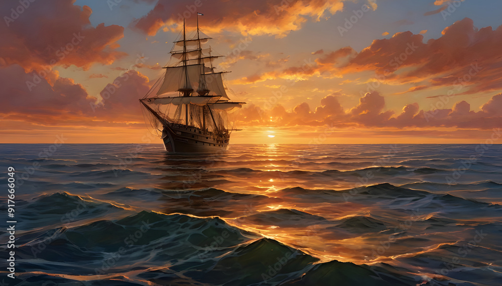 Obraz premium scenic view of sailboat with wooden deck and mast with rope floating on rippling dark sea against cloudy sunset sky