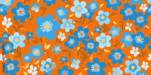 Seamless pattern with blue and white flowers on a vibrant orange background This cheerful pattern features a variety of flower shapes and sizes perfect for adding a pop of color and playful design to