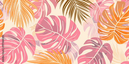 A seamless pattern featuring vibrant tropical leaves in pink orange and brown hues against a light background ideal for adding a touch of summer to designs