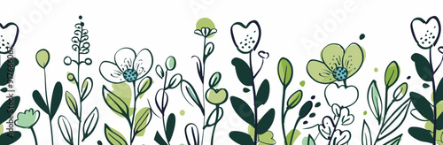 Seamless border pattern of hand drawn wildflowers and leaves in green and white on a white background