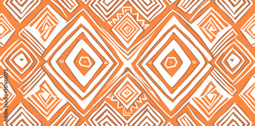 Seamless pattern of overlapping orange and white geometric shapes The pattern is abstract and features squares and diamonds