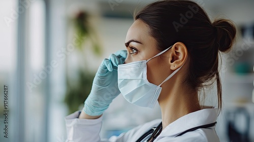 female nurse in uniform putting on medical mask