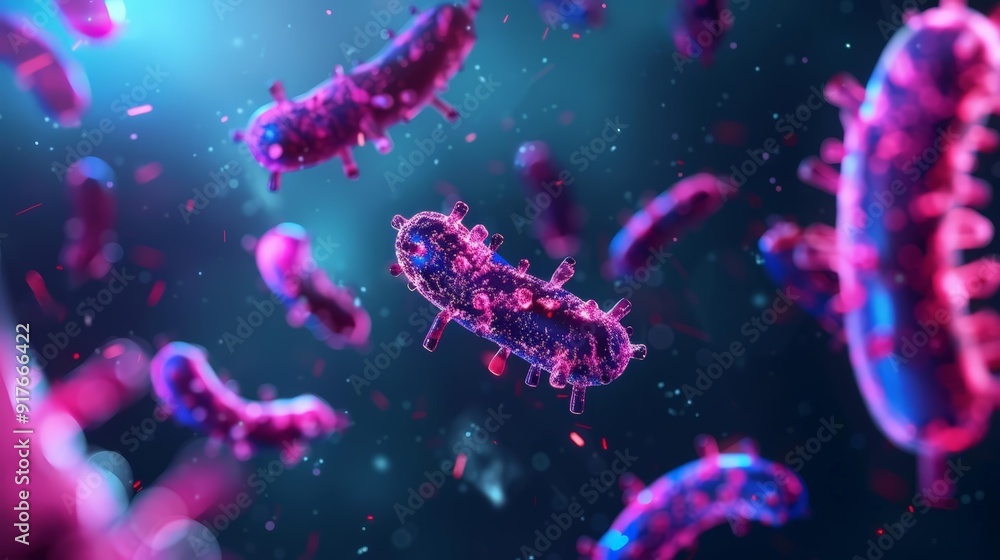 Disease-causing microbes shown as tiny machines interacting with pollutants, glowing holograms, metallic tones, steampunk, high resolution. Disease-causing microbes shown as tiny machines interacting with pollutants, glowing holograms, metallic tones, steampunk, high resolution.