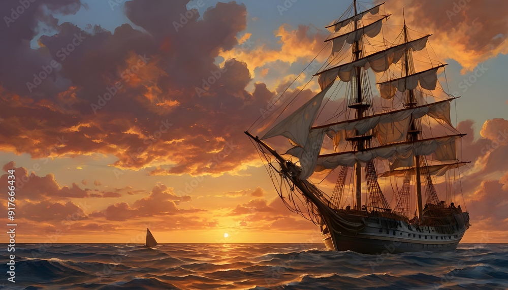 Obraz premium scenic view of sailboat with wooden deck and mast with rope floating on rippling dark sea against cloudy sunset sky