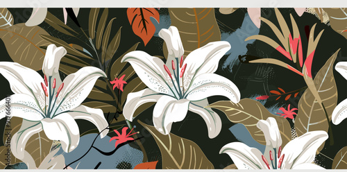 A vibrant and detailed illustration of a lush tropical garden with delicate white lilies vibrant red flowers and tropical leaves on a deep green background The pattern is perfect for adding a touch of
