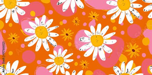 A vibrant abstract pattern featuring stylized daisies in white with yellow centers set against an orange background Pink and yellow abstract shapes complete the composition