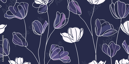 Seamless pattern with stylized flowers in shades of purple and white on a dark blue background