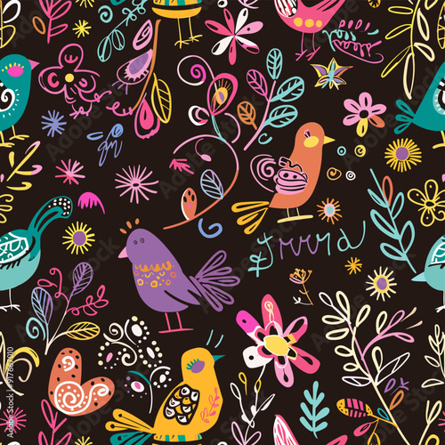 Colorful hand-drawn seamless pattern with stylized birds flowers and floral elements on a dark background perfect for textile design wallpaper or packaging