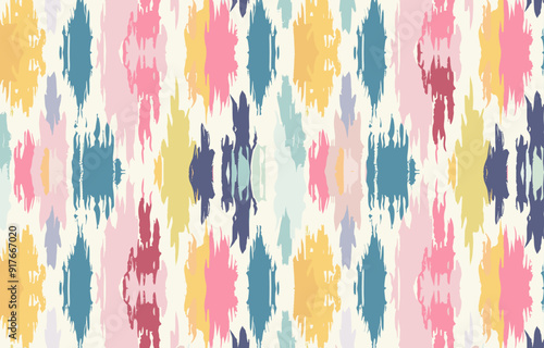 Abstract Ikat Pattern in Vibrant Colors with a White Background This seamless repeating pattern features an array of colors and shapes ideal for a variety of design projects