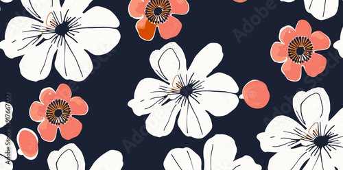 A seamless pattern of white and coral flowers on a dark blue background creating a vibrant and stylish design
