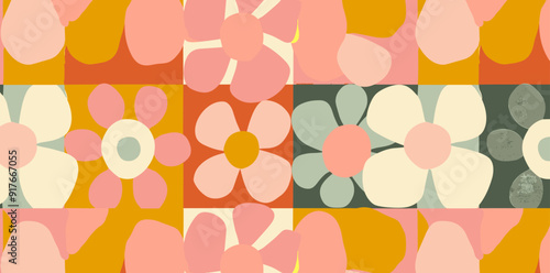 A seamless pattern featuring a vibrant retro floral design with pink yellow white and green flowers arranged in a checkered pattern