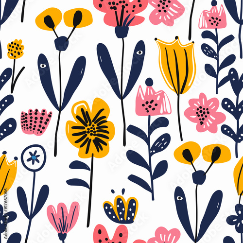 Seamless pattern with colorful flowers and leaves in a minimalist style on white background Perfect for textile fabric wallpaper wrapping paper and other design projects