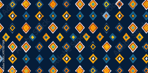 Abstract Geometric Pattern with Diamond Shapes in Blue Yellow Orange and White on a Dark Blue Background