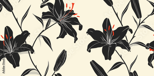 Seamless pattern featuring black lilies with red accents on a light background This repeating design is perfect for adding a touch of elegance and sophistication to a variety of projects
