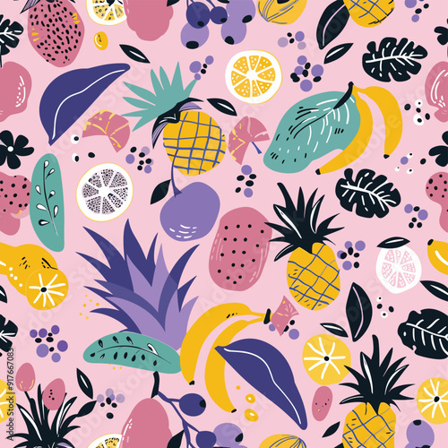 Seamless pattern with colorful fruits pineapples bananas and leaves on a pink background Perfect for summery design projects fashion prints textiles and branding