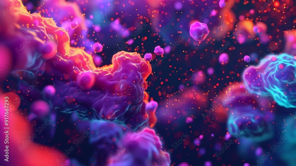 Microbes in a polluted ocean environment, with glowing holographic connections to pollutants, neon colors, futuristic, digital art. Microbes in a polluted ocean environment, with glowing holographic connections to pollutants, neon colors, futuristic, digital art.