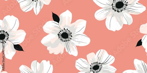 Seamless Pattern with White Flowers on a Soft Pink Background The pattern features delicate stylized flowers with black centers against a muted pink background Perfect for textile design wallpaper or
