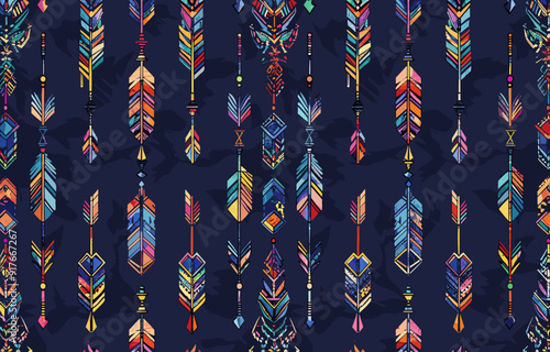 Seamless pattern with colorful arrows and feathers on a blue background